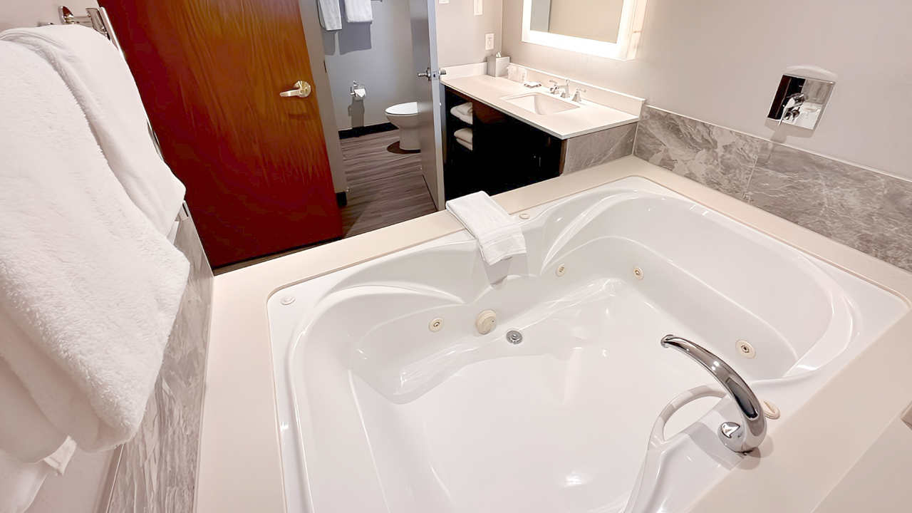 Master Bathroom and 2 -Person Jetted Spa Tub in a Suite at Marriott Fallsview Hotel & Spa, Niagara Falls, Ontario