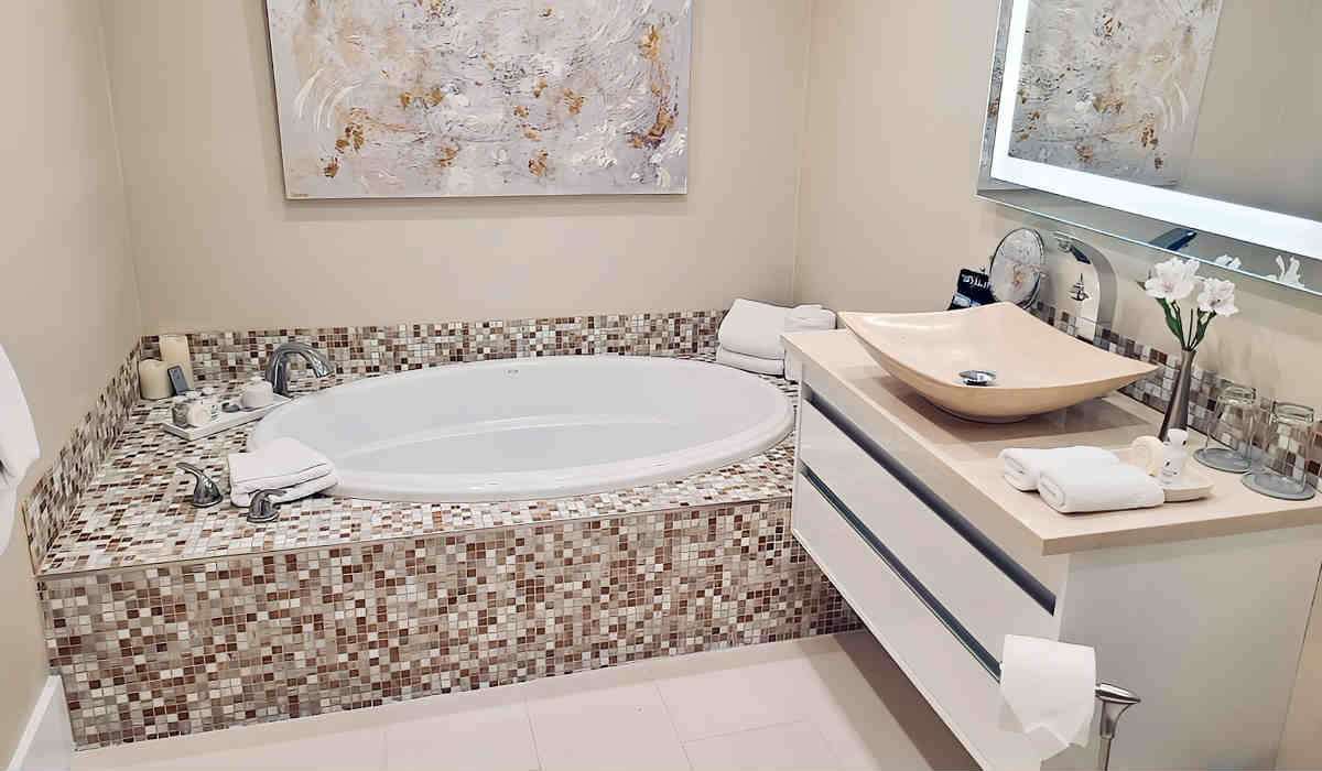 Spa-Style Bathroom with Deep Soaking Tub in a Honeymoon Suite at the Chatham Inn, Cape Cod MA