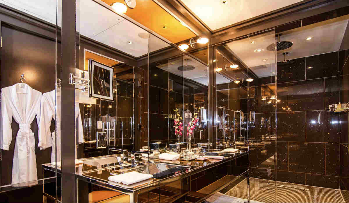 Bathroom with Walk-In Rain Shower at the Chatwal Hotel in New York City.