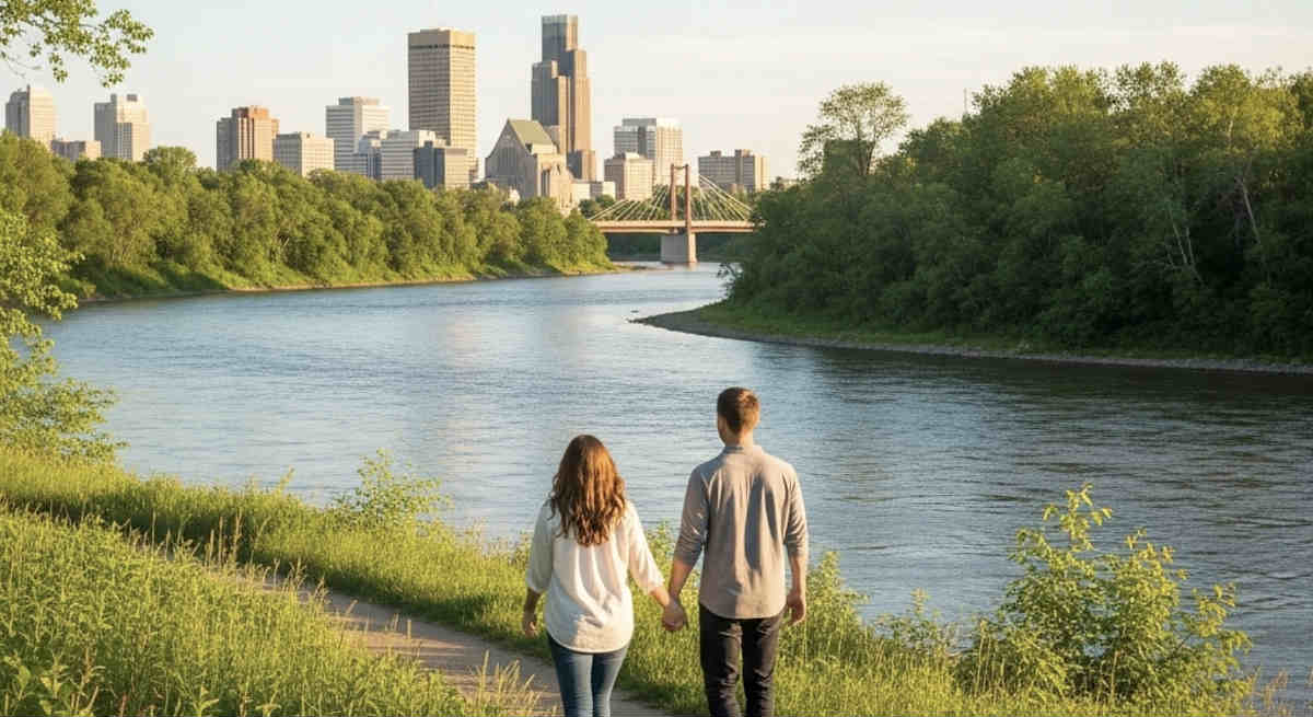 Romantic young couple walking and holding hands along the river in Winnipeg, Manitoba with a view of the city skyline in the distance.