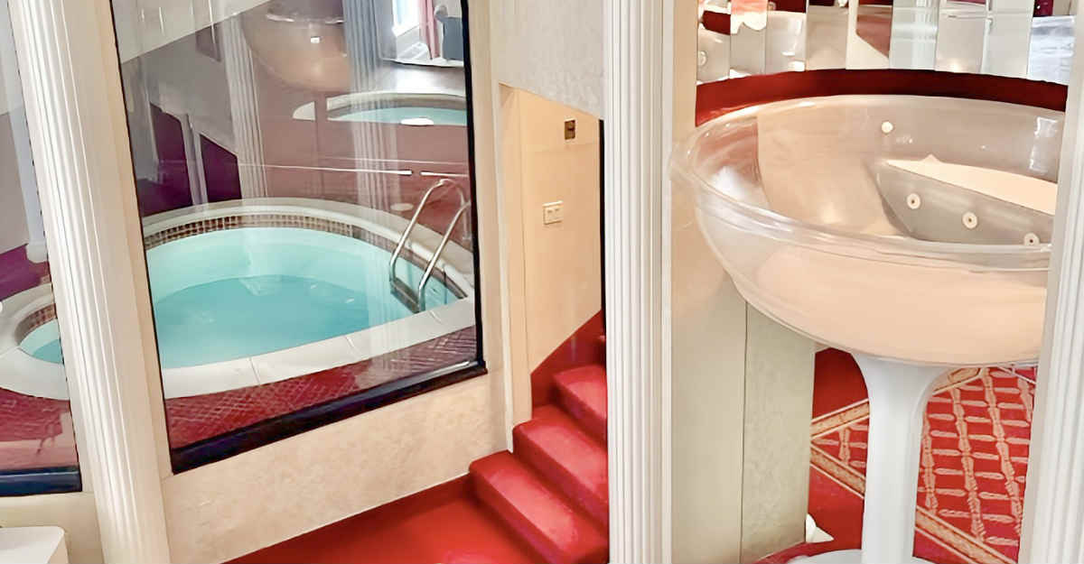 Champagne Tower Suite with a Champagne Glass Hot Tub and Private Plunge Pool at Cove Haven Resort in Pennsylvania
