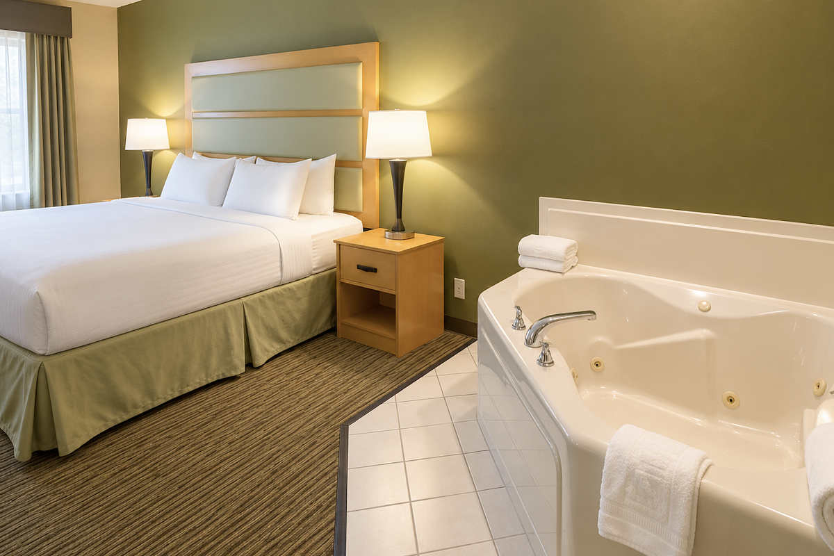 In-Room Whirlpool Tub and King Bed in a Suite at Kalamazoo, MI