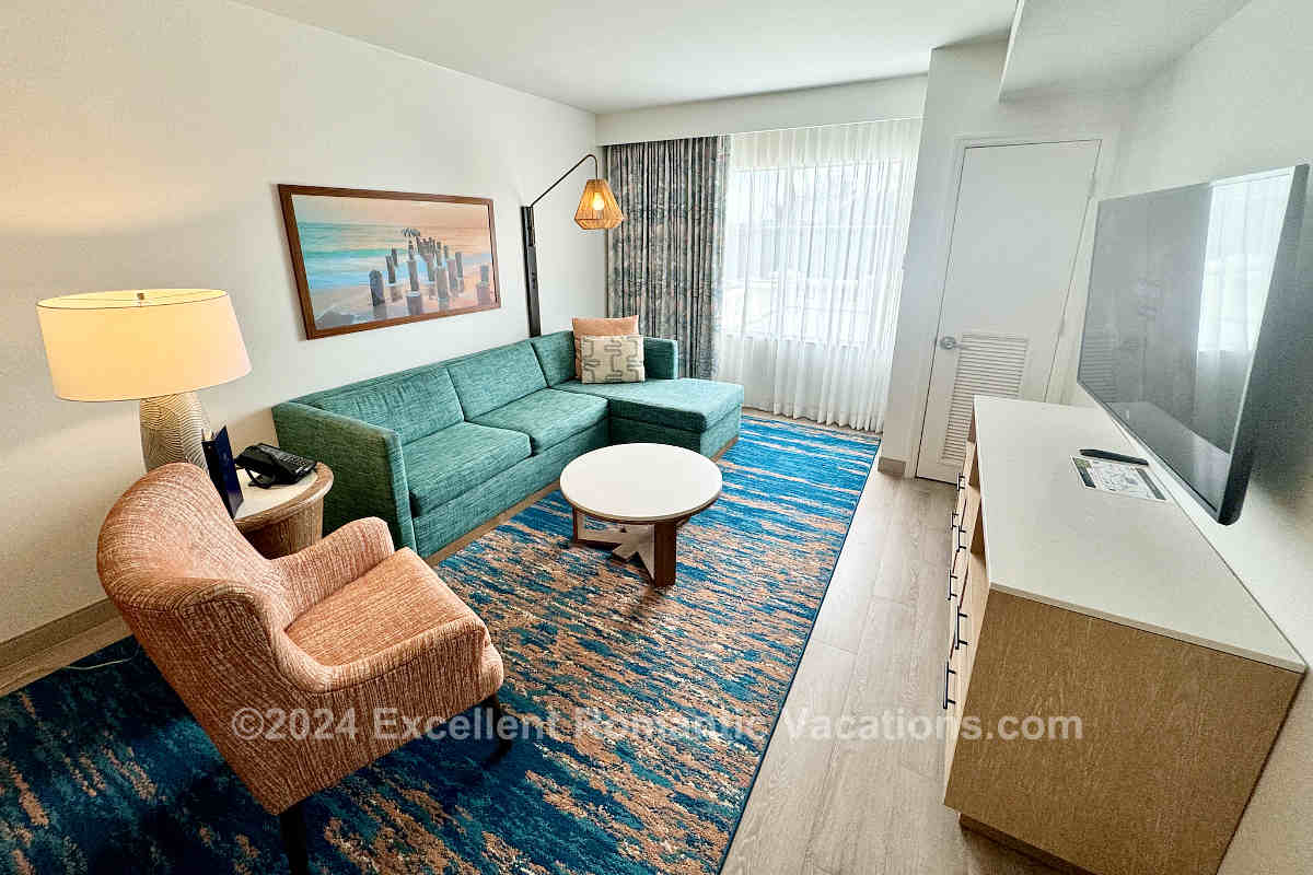Living Area in a 1 Bedroom King Whirlpool Suite at Hilton Doubletree Naples FL