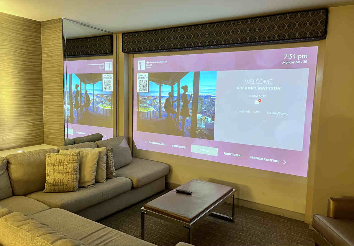 Hilton Elara Las Vegas One Bedroom Suite Living Room HD Home Theater with 8 Foot Screen
