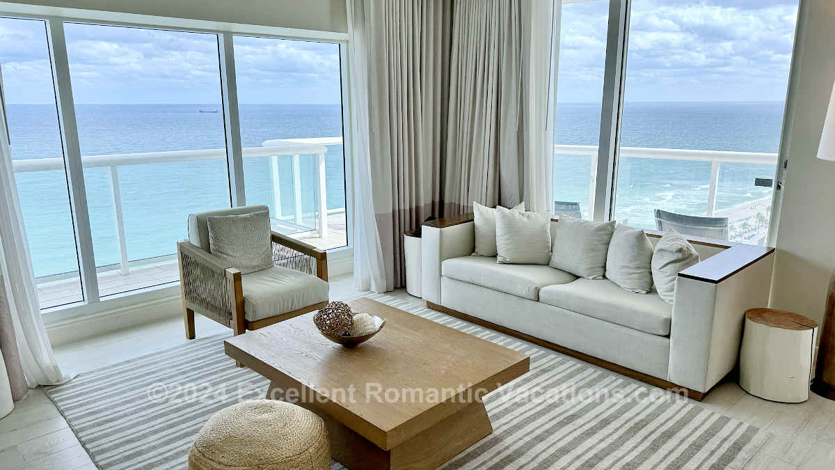 Living Room & Ocean Views From a One Bedroom Suite at the Hilton Fort Lauderdale Beach Resort