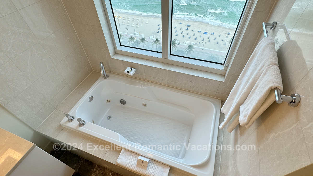 Jetted Spa Tub with an Ocean View in a One Bedroom Suite at the Hilton Fort Lauderdale Beach Resort