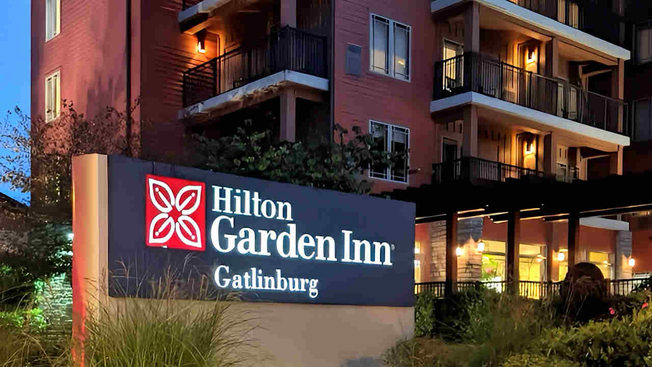Evening View of the Sign in Front of the Hilton Garden Inn, Gatlinburg Tennessee