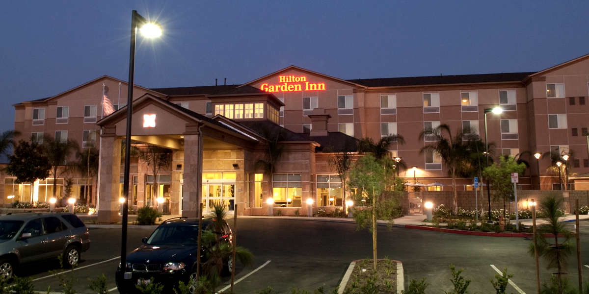 Front of the Hilton Garden Inn San Bernardino Hotel in the Evening.