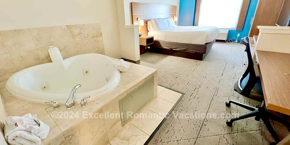 In-Room Heart-Shaped Jetted Spa Tub Big Enough for 2 People in Room No. 117 at Holiday Inn Express & Suites, Dallas, Grand Prairie, Texas