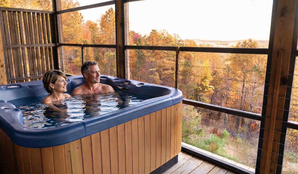 Couple in their Private Outdoor Hot Tub at the Iris Inn, Virginia.