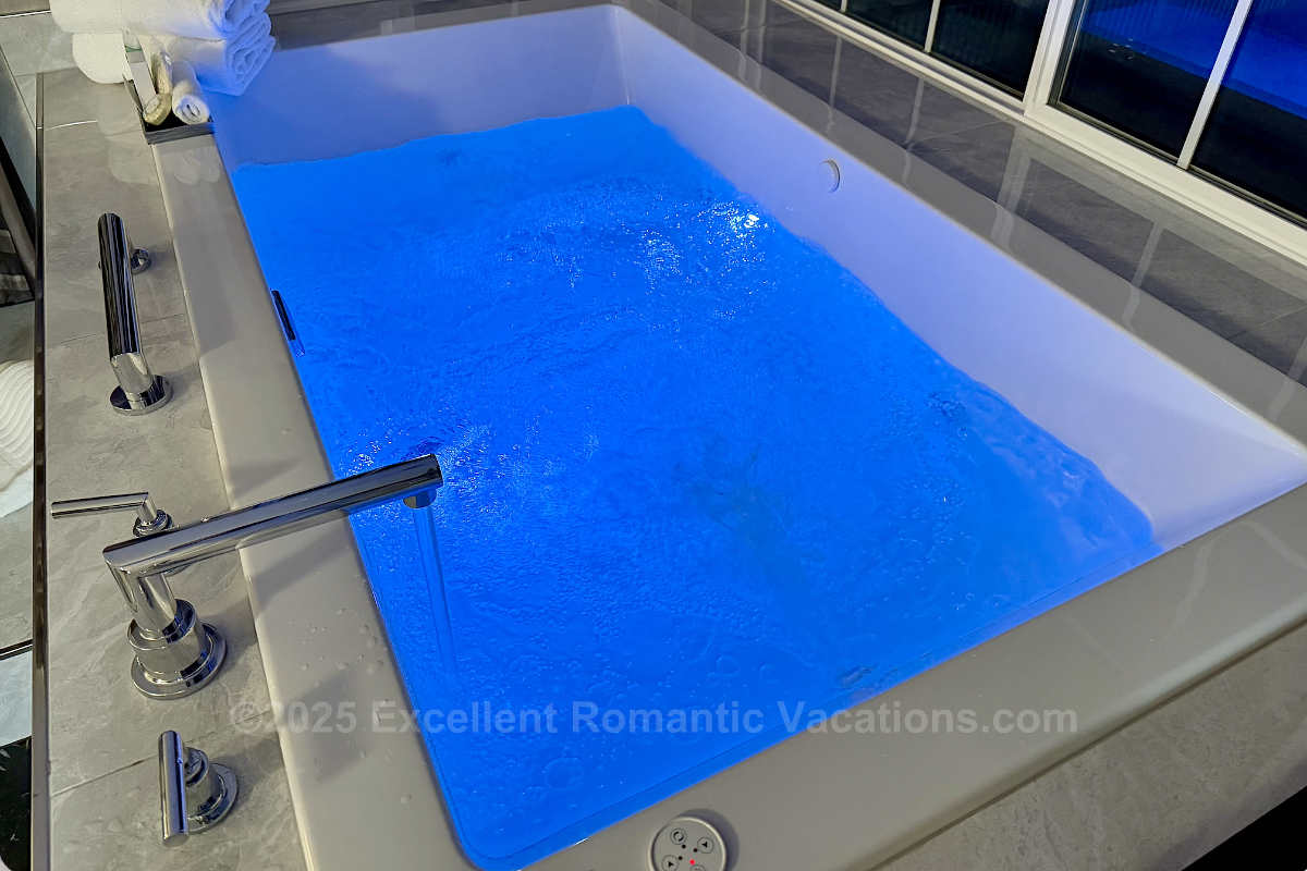 Underwater Chromotherapy Lights in a Romantic Jetted Spa Tub in a King Oceanfront Suite in Mukilteo, WA at the Silver Cloud Inn.