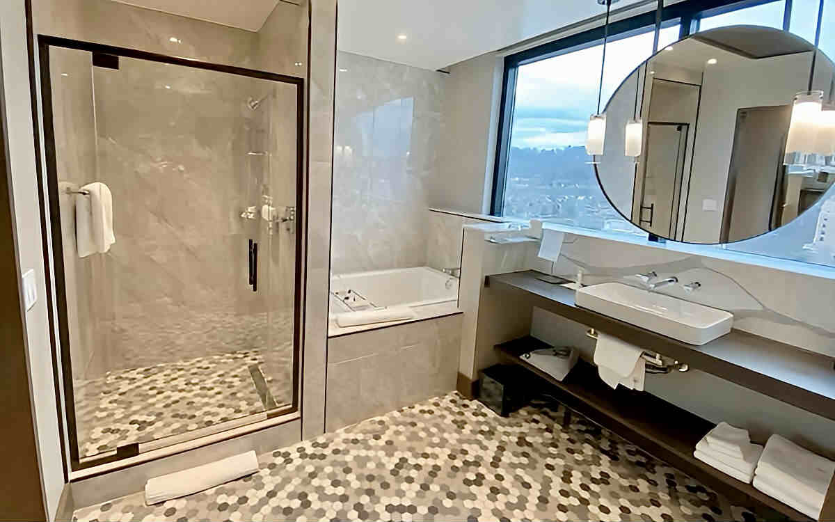 Luxury bathroom with Soaker Tub and Walk-In Shower at the Kimpton Hotel Arras in Asheville, NC