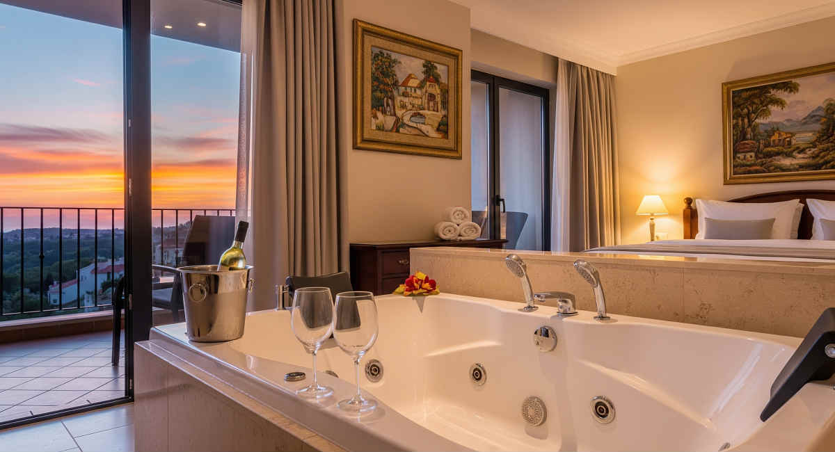 Beautiful honeymoon suite in California with a king bed, private balcony, jetted tub for 2 and wine glasses