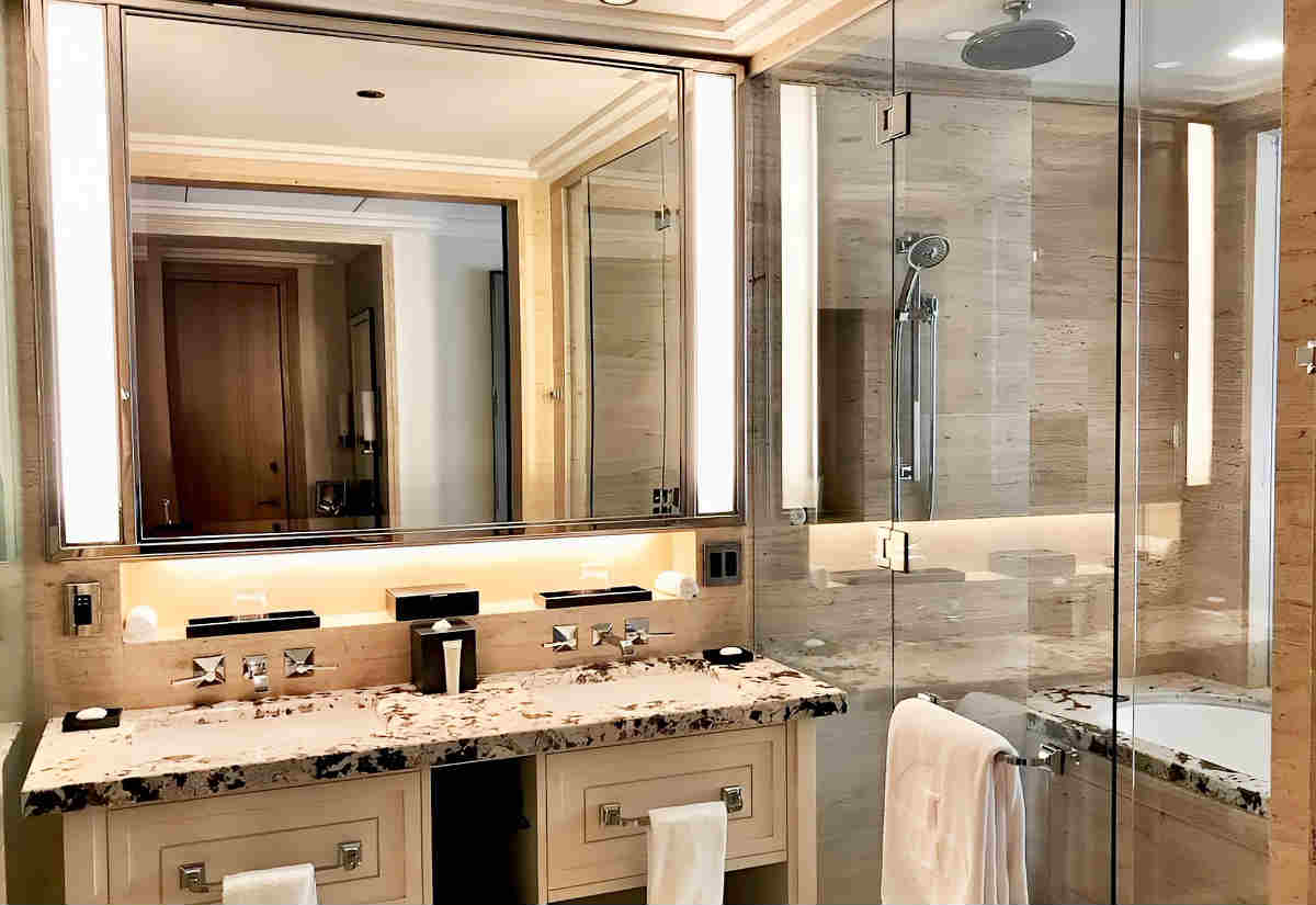 Beautiful Glassed-In Walk-In Rain Shower in a Deluxe Room Bathroom at the Langham in Chicago, IL