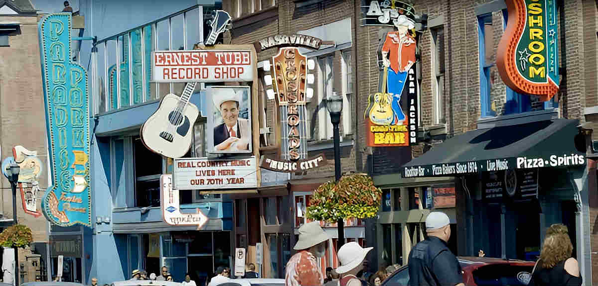 Colorful Signs of Bars and Shops at Music Row in Nashville, TN