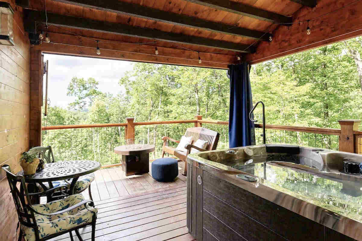 Private Hot Tub for 2 in a Covered Deck of a Romantic Log Cabin at Meraki Resort in Brevard, North Carolina.
