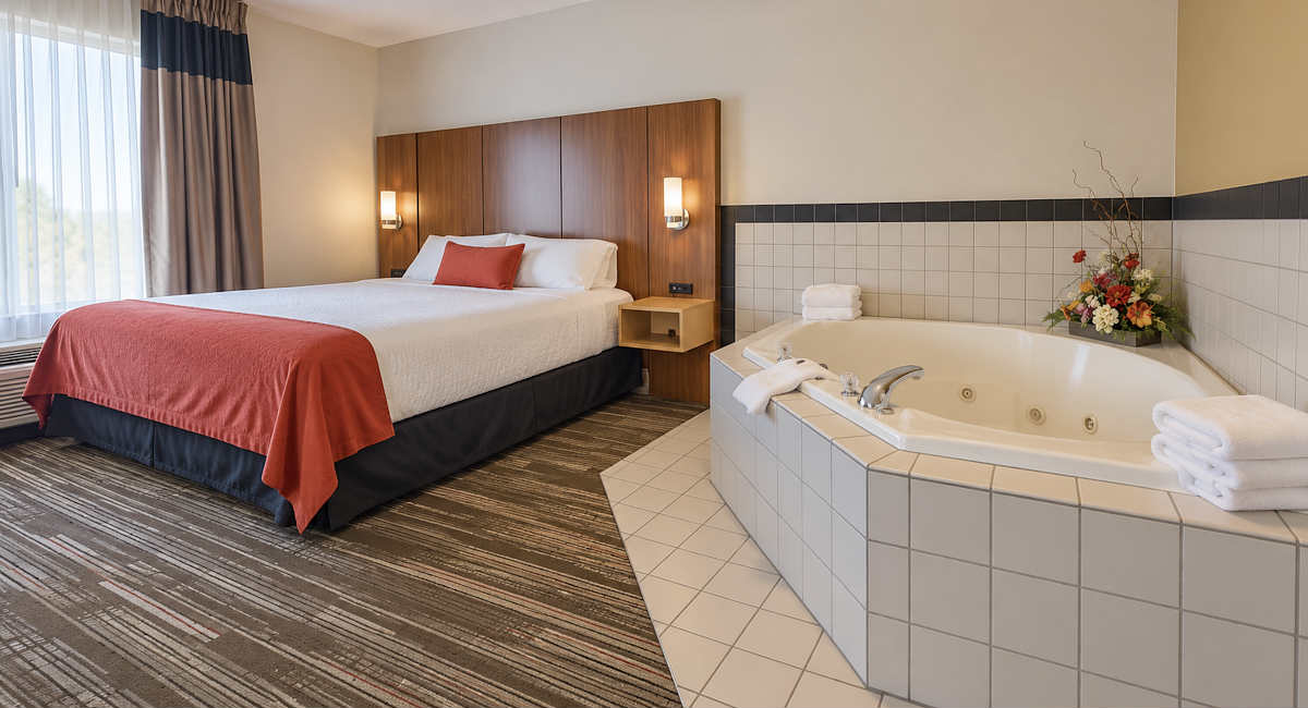 Spacious Room with King Bed and Corner Whirlpool Tub at Northfield Inn Suites, Springfield IL