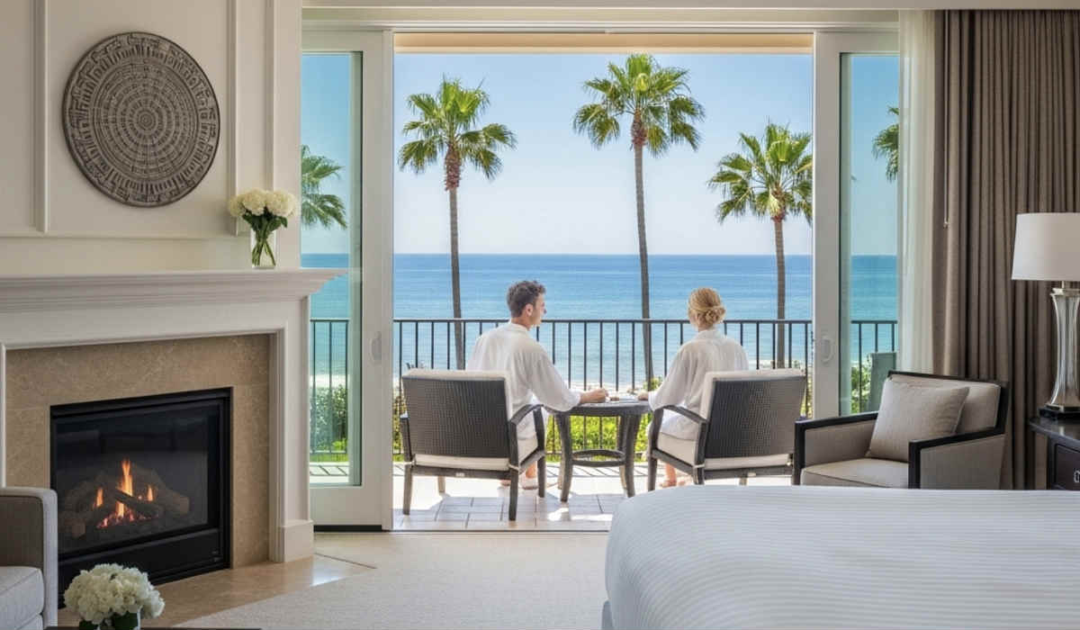 Couple relaxing in their oceanview honeymoon suite on the California coast