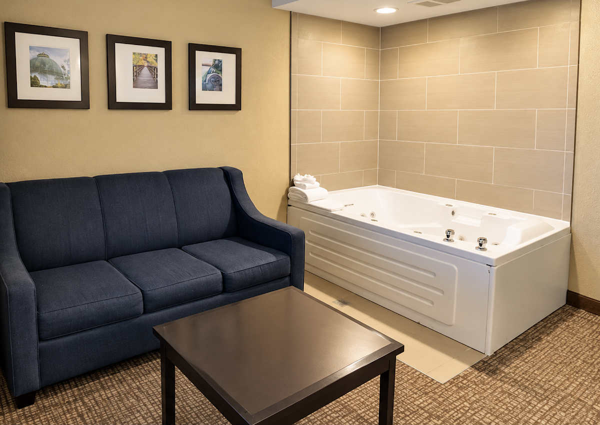 Couch and In-Room Hot Tub in a One Bedroom Suite at Comfort Suites in Allen Park, Michigan