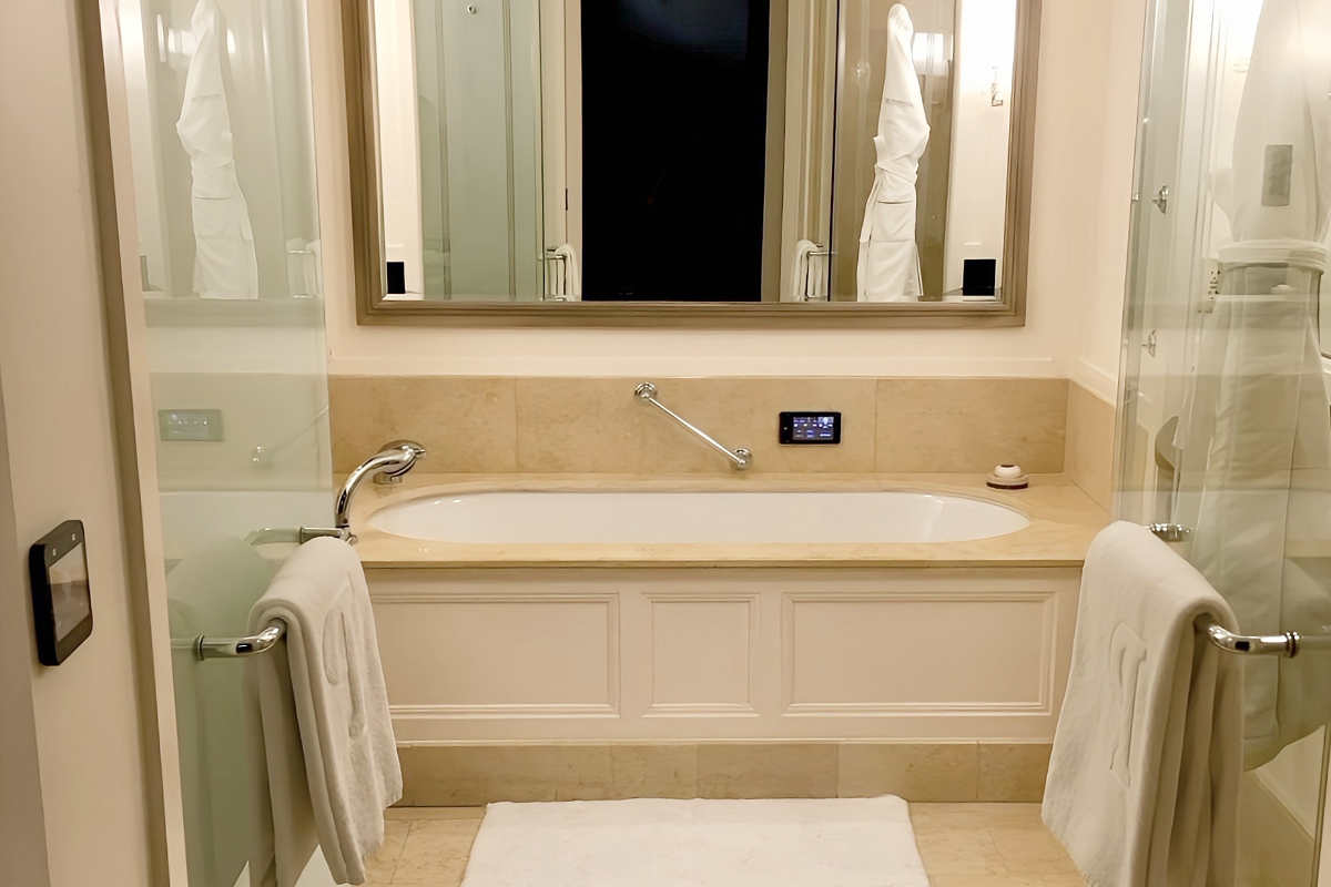 Spa-Style Bathroom with Walk-In Shower at the Peninsula Hotel in Chicago, IL