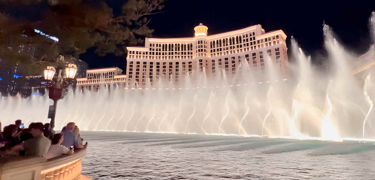 People Watching the Free Bellagio Fountains Show at Night on the Las Vegas Strip.