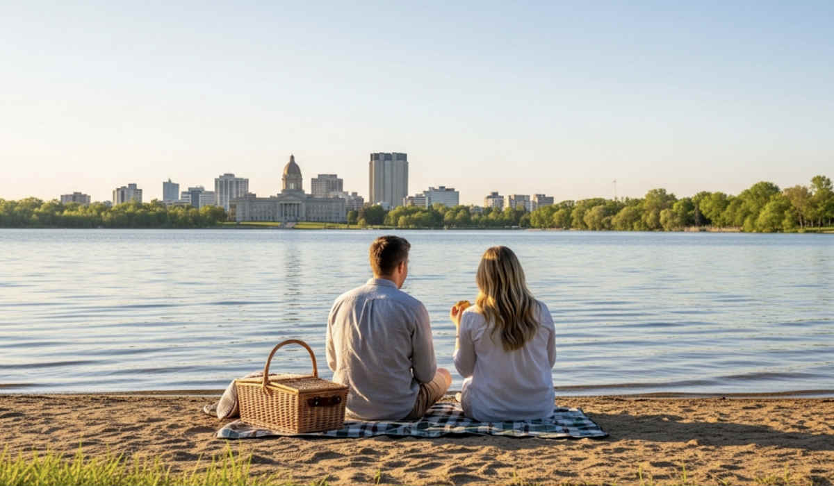 Couple Enjoying a Mid-Day Picnic on the Shore of Wascana Lake in Regina, Saskatchewan.