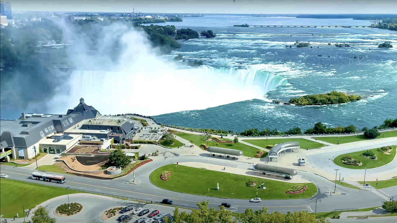 View of Niagara Falls from a Whirlpool Suite on the 29th Floor at Marriott Fallsview Hotel.