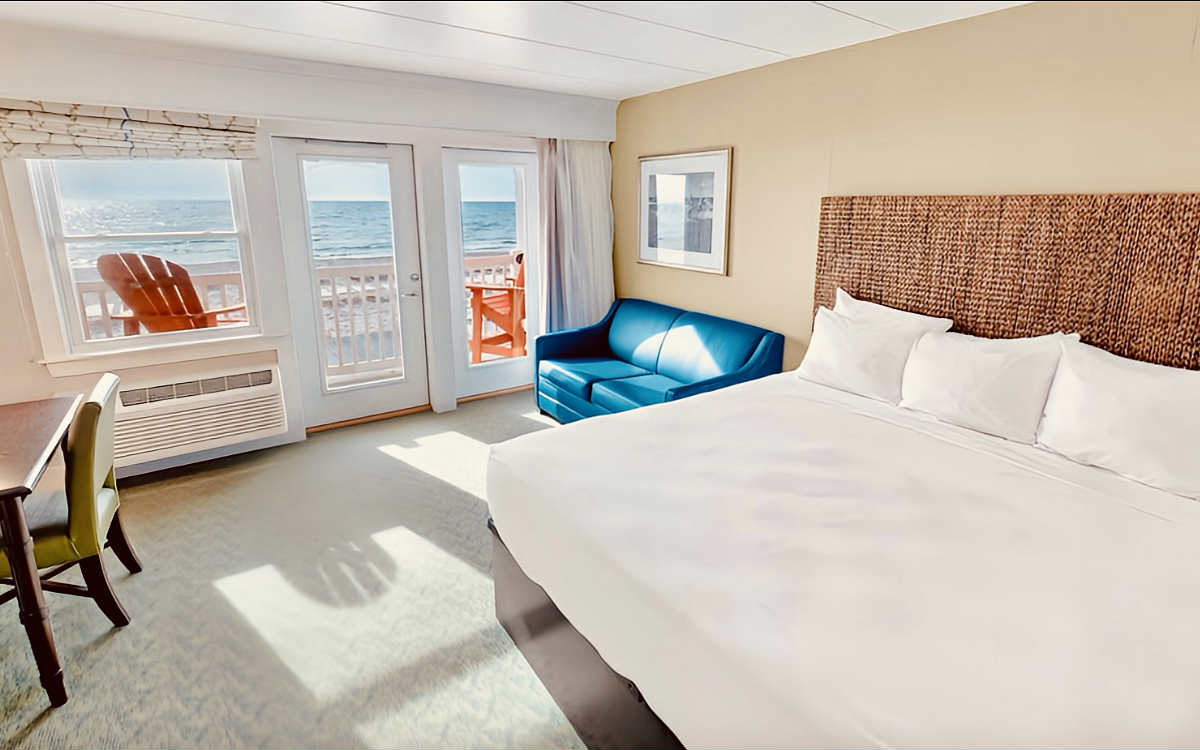 King Bed in an Oceanfront Suite at Sea Crest Beach Resort in Cape Cod, MA.