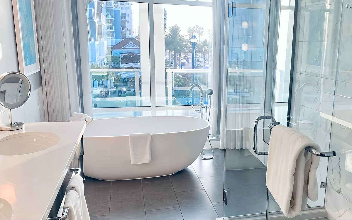 Deep Soaker Tub with a View in a Spa-Style Master Bath at Seabird Resort in Oceanside, CA