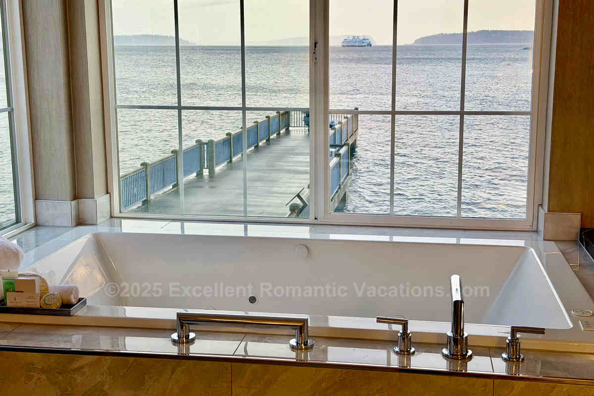 View of the Ocean and Whidby Island Ferry from an In-room Jetted Tub in a Romantic Waterfront Suite at the Silver Cloud Inn, Mukilteo, Washington State