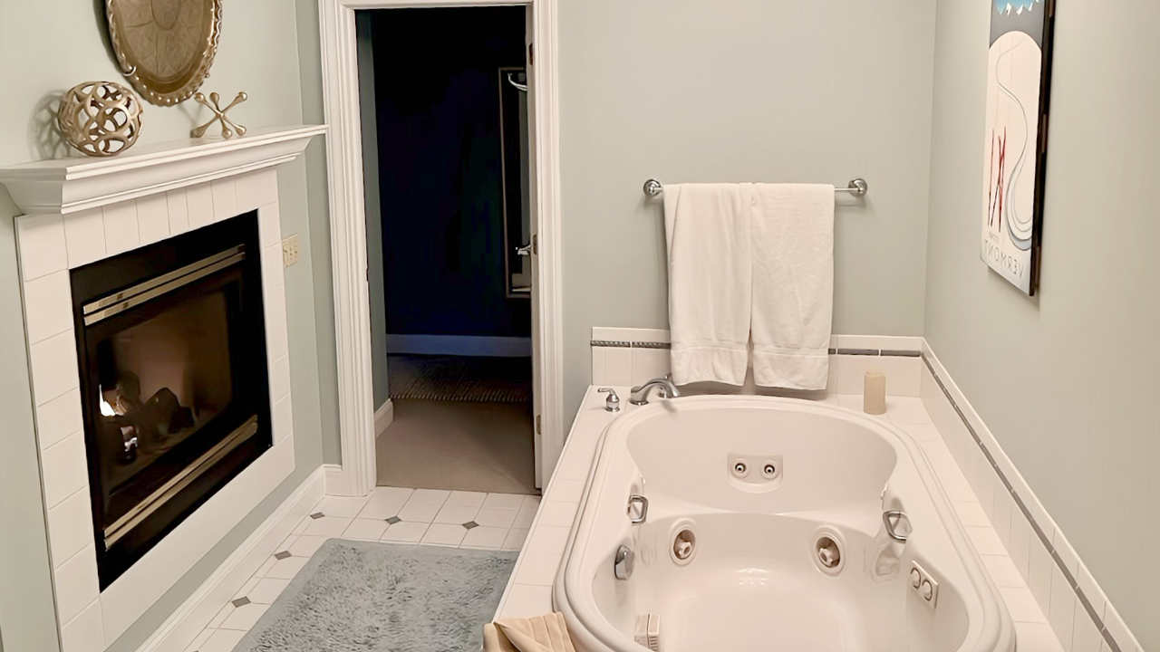 Beautiful Whirlpool Tub and Fireplace in a Room at the Stone Hill Inn, Stowe VT