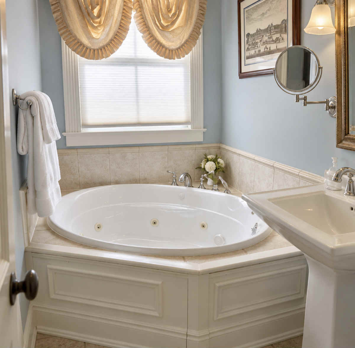 Romantic Spa Tub in the Bathroom of a Romantic Suite at The Tower Cottage B&B in New Jersey.