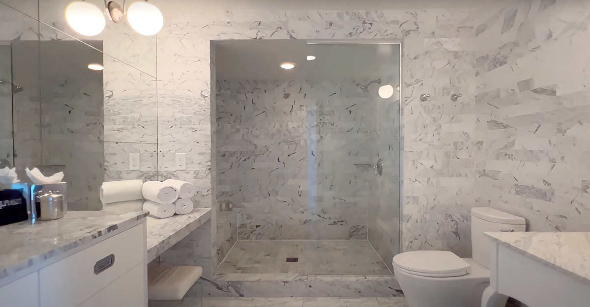 Marble Bathroom with Walk-In Shower at the Viceroy Hotel in Santa Monica, CA