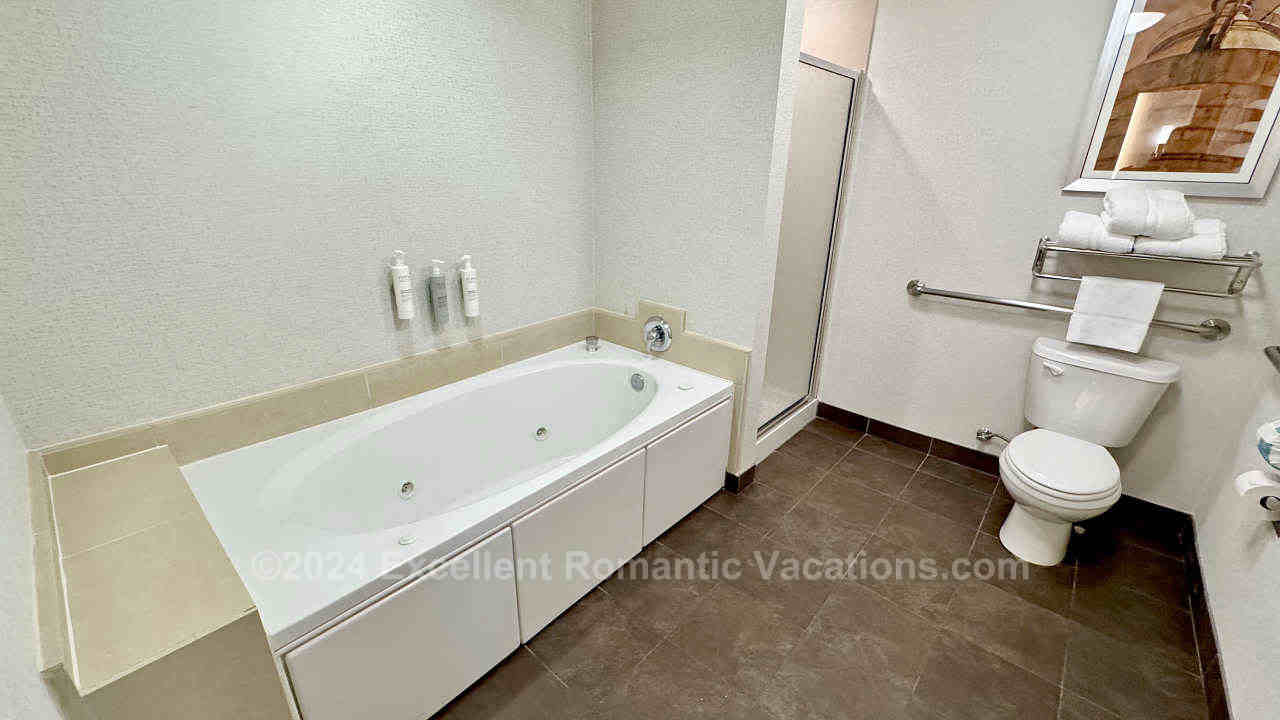 Jetted Tub and Shower in the Master Bath of a One Bedroom Suite at the Homewood Suites in Waco, Texas