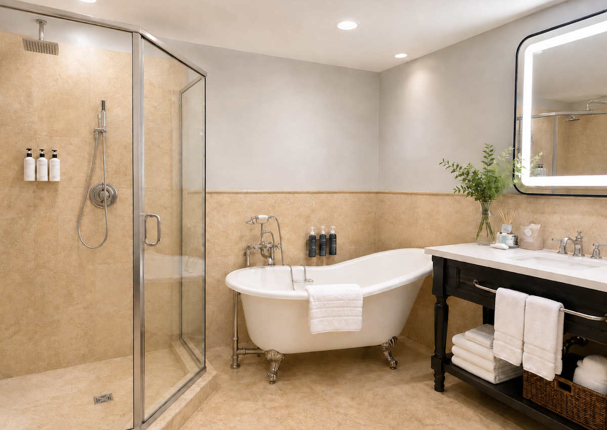 Master Bath with Deep Soaker Tub and Walk-in Rain Shower at the Westin Sacramento Hotel & Spa