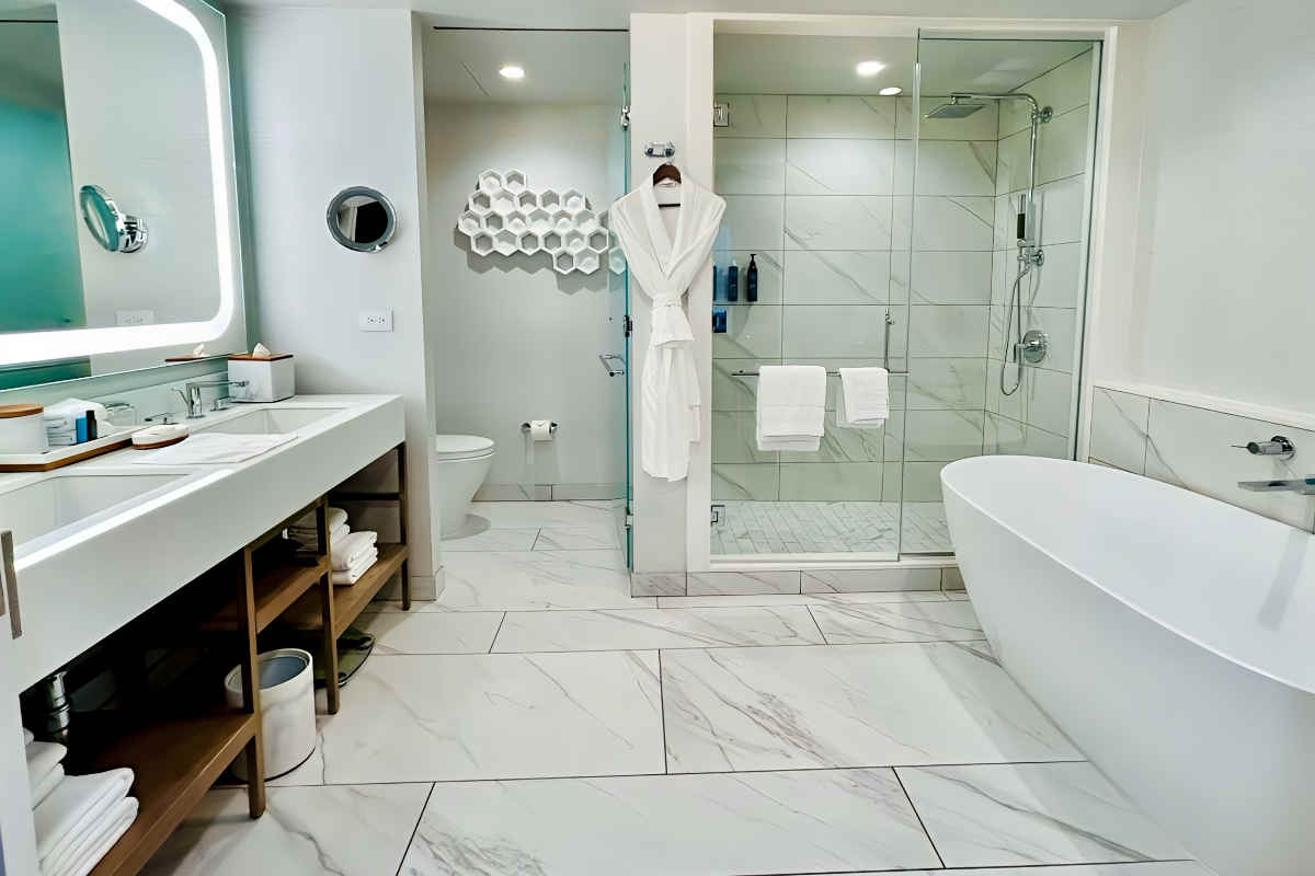 Luxurious In-Suite Bathroom with Walk-In Rain Shower and Deep Soaking Tub at the Westin Anaheim Resort.