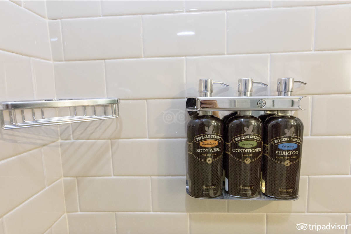 High-End Bath Products Inside a Walk-Shower at the Whitehall Houston Hotel