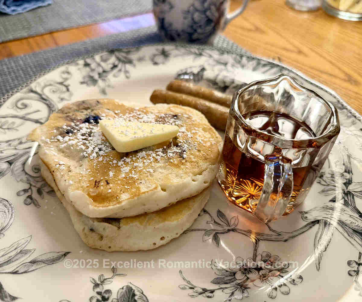 Gourmet Blueberry Pancake Breakfast with Syrup at the Wild Iris Inn in La Conner, Washington State.