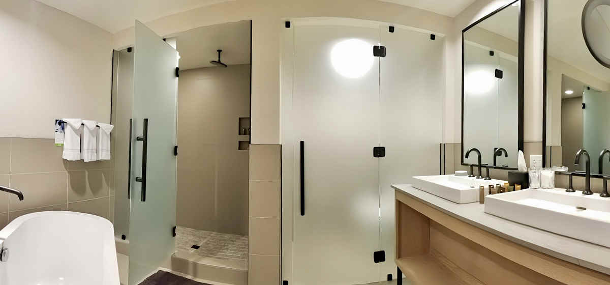 Spacious bathroom with Deep Soaking Tub and Walk-In Rain Shower at Tenaya at Yosemite, Northern California